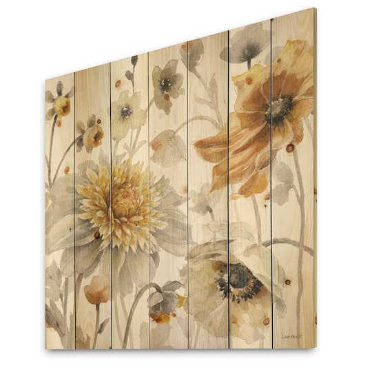 Designart - Fields of Gold Watercolor Flower VI - Traditional Print on Natural Pine Wood